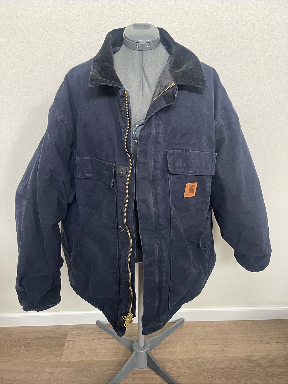 Vintage Carhartt c26 MDT Midnight Navy Brown Corduroy Collar Canvas Work Jacket